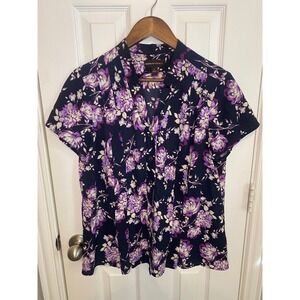 DANA BUCHMAN Womens Large Short Sleeve Floral‎ Blouse Top Navy Purple